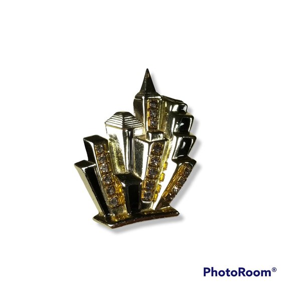 AJC Vintage City Scape Building Brooch Pin Enamel and Rhinestone RARE - Picture 3 of 13